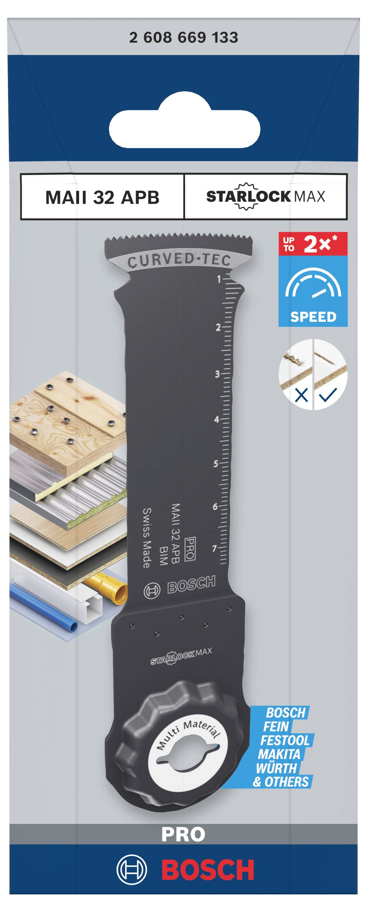 Verpackung eines Bosch Starlockmax Sägeblatts MAII 32 APB für Multifunktionswerkzeuge, zeigt Kompatibilität mit verschiedenen Materialien.
