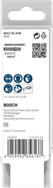 Verpackung eines Bosch Expert Zubehörteils mit Produktabbildungen und QR-Code. Text: 'MAII 32 APB, BIM, Bosch 100%, Made in Switzerland'.