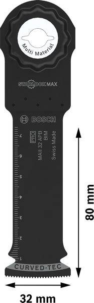 Multifunktionales Sägeblatt 'BOSCH' mit 80 mm Länge und 32 mm Breite, geeignet für verschiedene Materialien. Maßskala an der Seite.