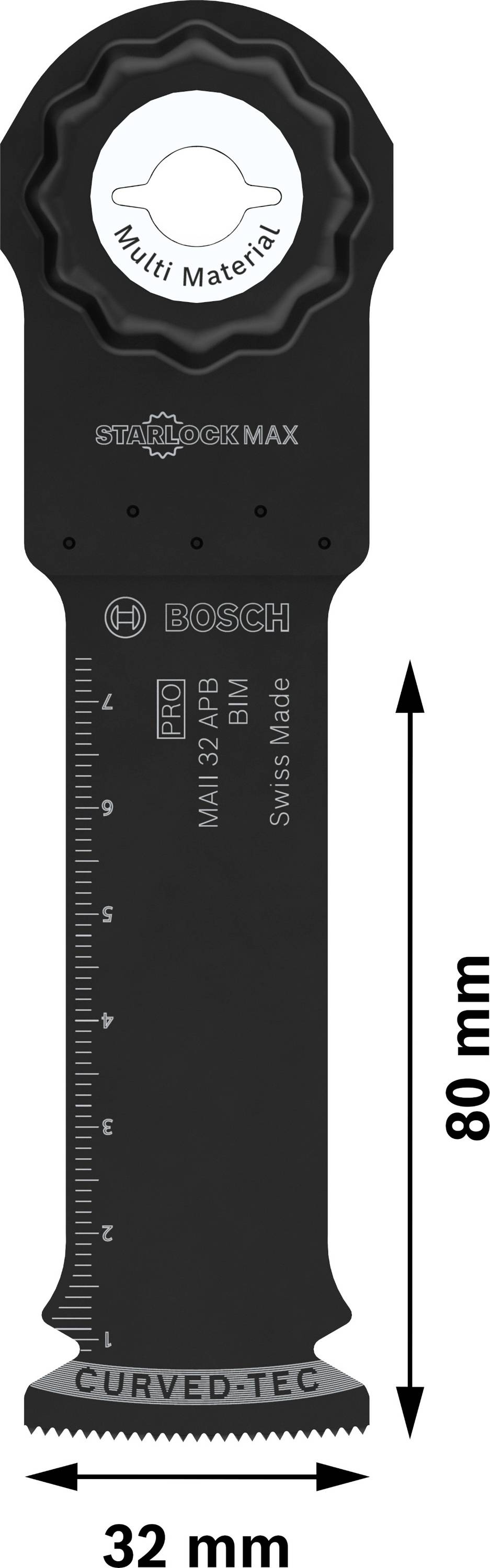 Bosch Sägeblatt mit StarlockMax-System, geeignet für Multi-Materialien. Abmessungen: 80 mm Länge, 32 mm Breite.