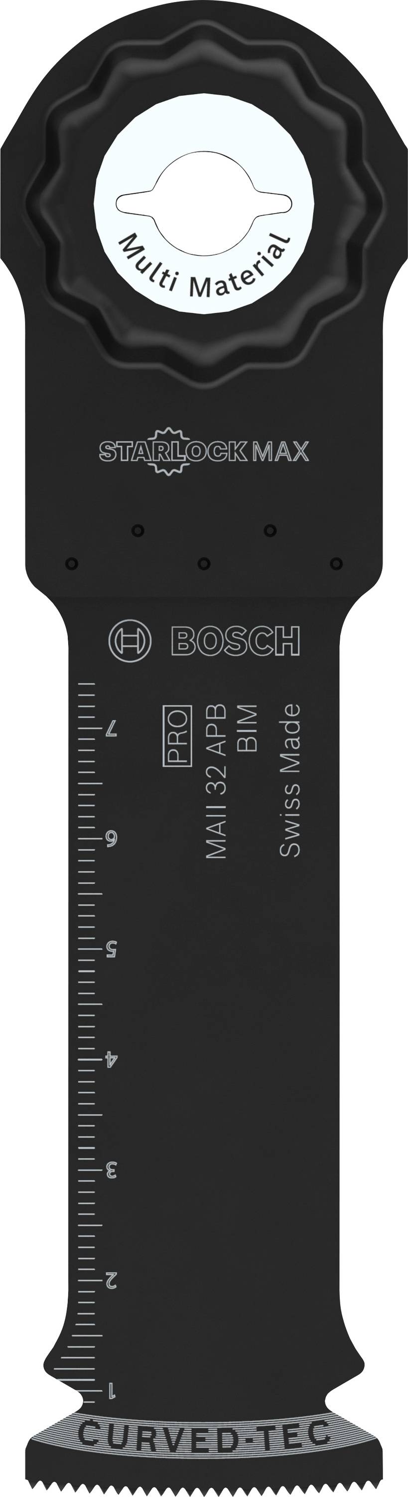 Sägeblattaufsatz mit Skala und Aufschrift 'StarlockMax' und 'BOSCH'. Geeignet für verschiedene Materialien, gebogene Schneide.