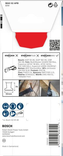Verpackung eines Bosch Sägeblatts, passend für Starlock, Starlock Plus und Starlock Max. Geeignet für Holz und Metall, 52mm.
