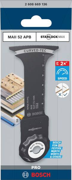 Bosch Starlock Max Sägeblatt MAII 52 APB; zeigt Einsatzmöglichkeiten auf Holz, Metall und Kunststoff bei doppelter Geschwindigkeit.