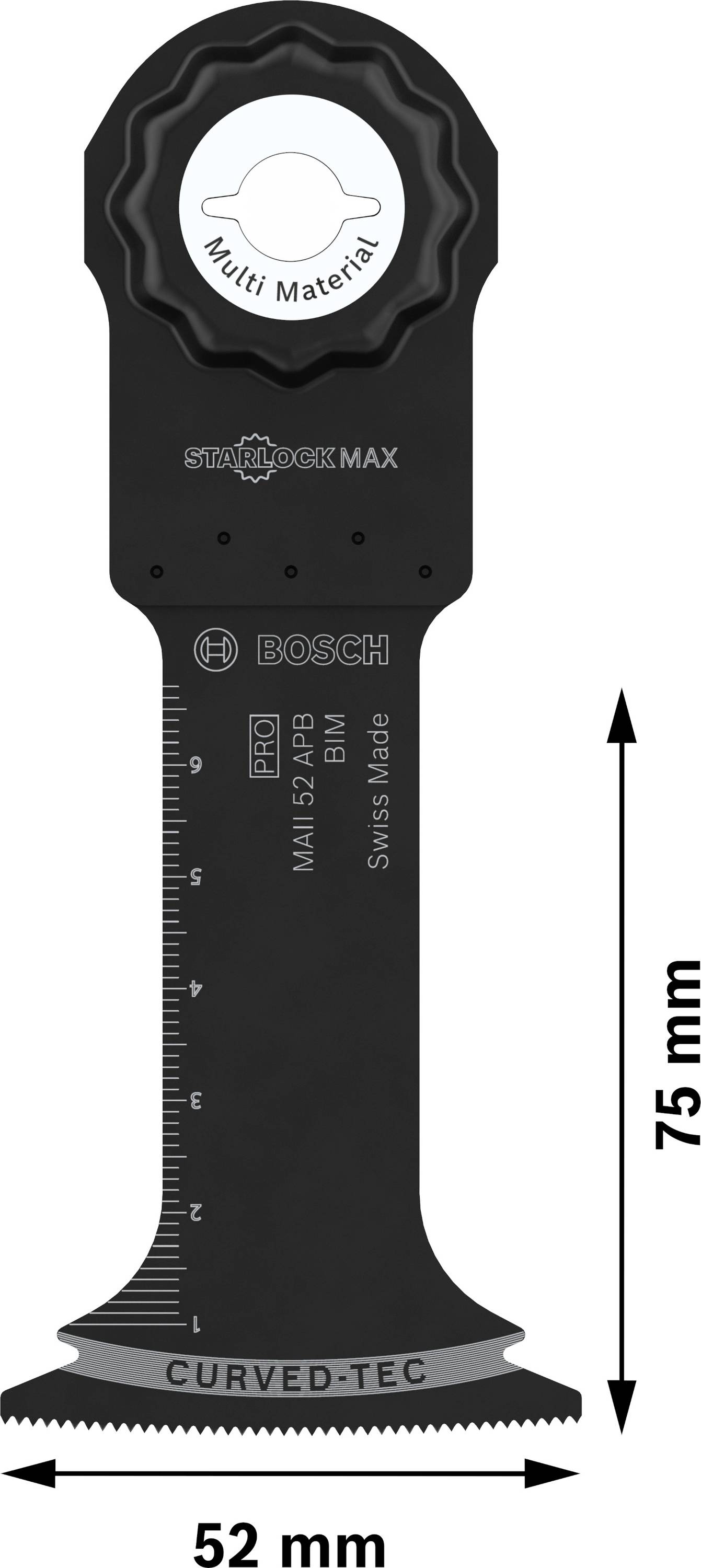 Schwarz-silbernes Sägeblatt von Bosch mit Messskala. Aufschrift: 'Starlock Max, Multi Material, PRO, Curved-Tec'. Abmessungen: 75 mm x 52 mm.