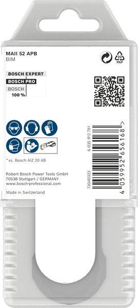 Verpackung eines Bosch Expert BIM Sägeblatts. Oben QR-Code und Markenname, unten Abbildung und Produktnummer, hergestellt in der Schweiz.