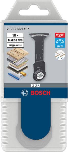 Verpackung zeigt ein 'Bosch' Sägeblatt für Multitool, geeignet für Holz, Metall und Kunststoff. Aufschrift: '2x Speed'.