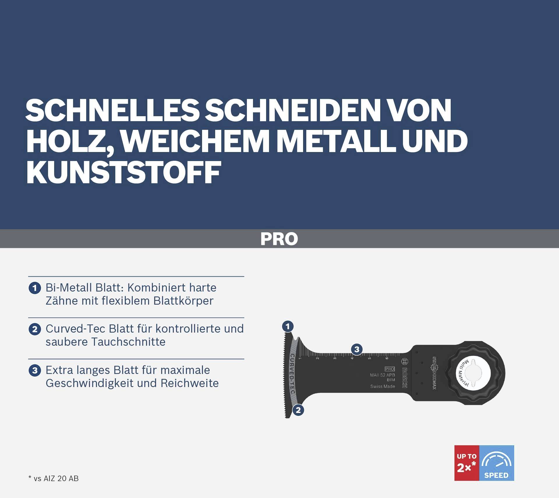 'Schnelles Schneiden von Holz, weichem Metall und Kunststoff.' Bild zeigt ein Bi-Metall Sägeblatt mit flexiblen Eigenschaften.