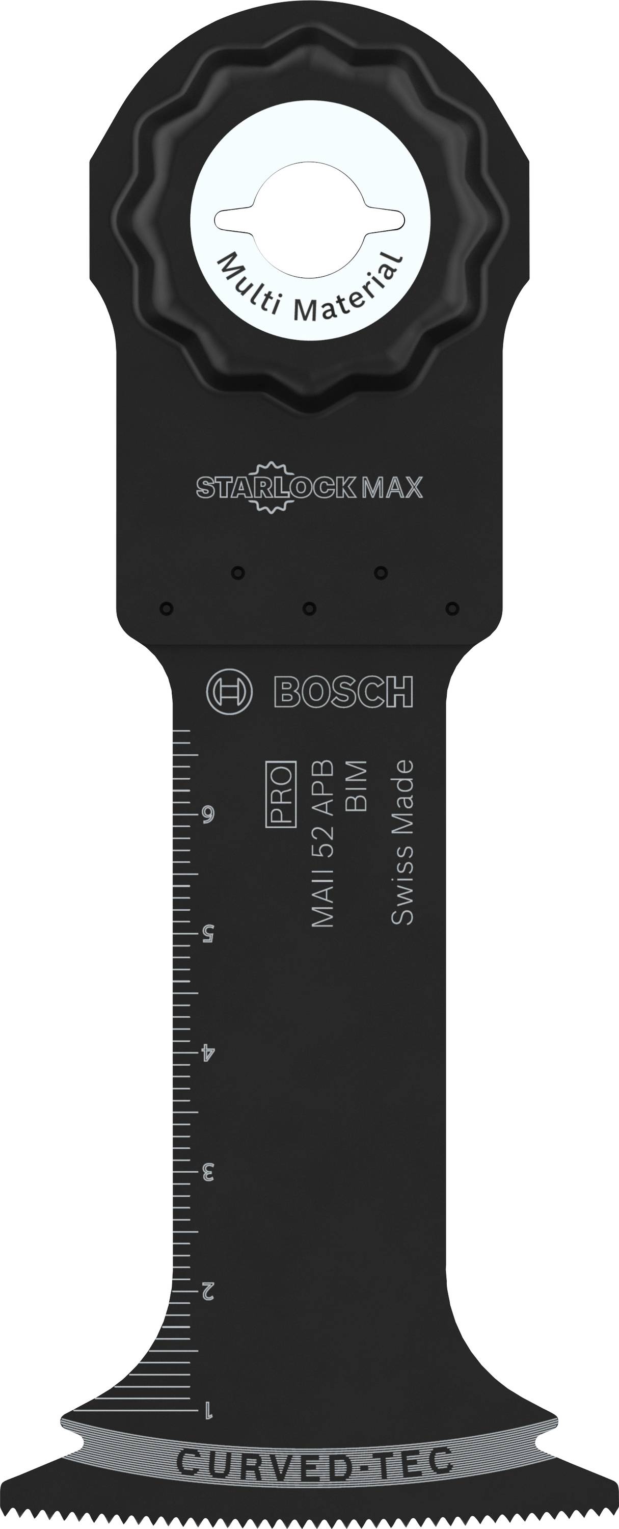 Multitool-Sägeblatt von Bosch, geeignet für verschiedene Materialien, mit Maßlinie und 'Starlock Max'-System.