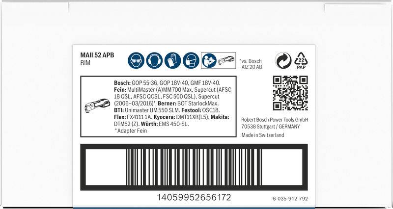Etikett eines Bosch Elektrowerkzeugs mit Seriennummer, QR-Code, Modellinformationen und Herstellerangaben.