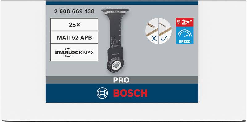 'Bosch PRO Starlock MAX MAII 52 APB' Verpackungsetikett mit Sägeblatt-Abbildung, Hinweis auf 25 Stück, geeignet für Holz und Nägel, bis zu zweifache Geschwindigkeit.