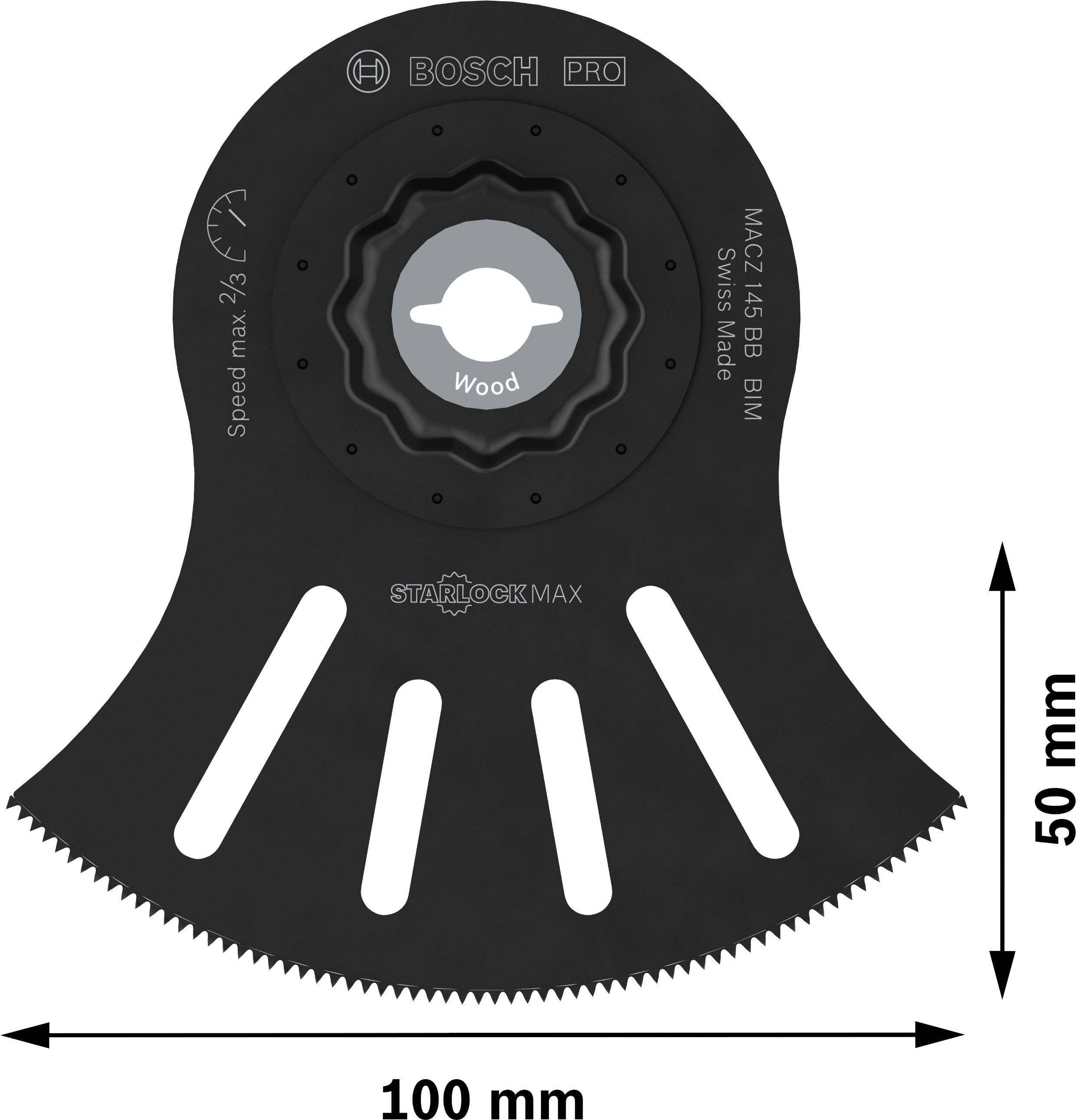 'Bosch Sägeblatt für Holz, StarlockMax, 100 x 50 mm, mit Zähnen und Lüftungsschlitzen, Geschwindigkeit max 23,5'.