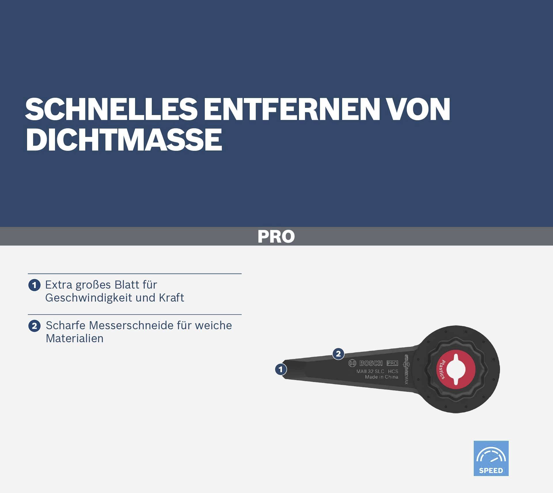 'Schnelles Entfernen von Dichtmasse' steht oben. Darunter sind zwei Punkte: 1. Extra großes Blatt; 2. Scharfer Klingenschneider.