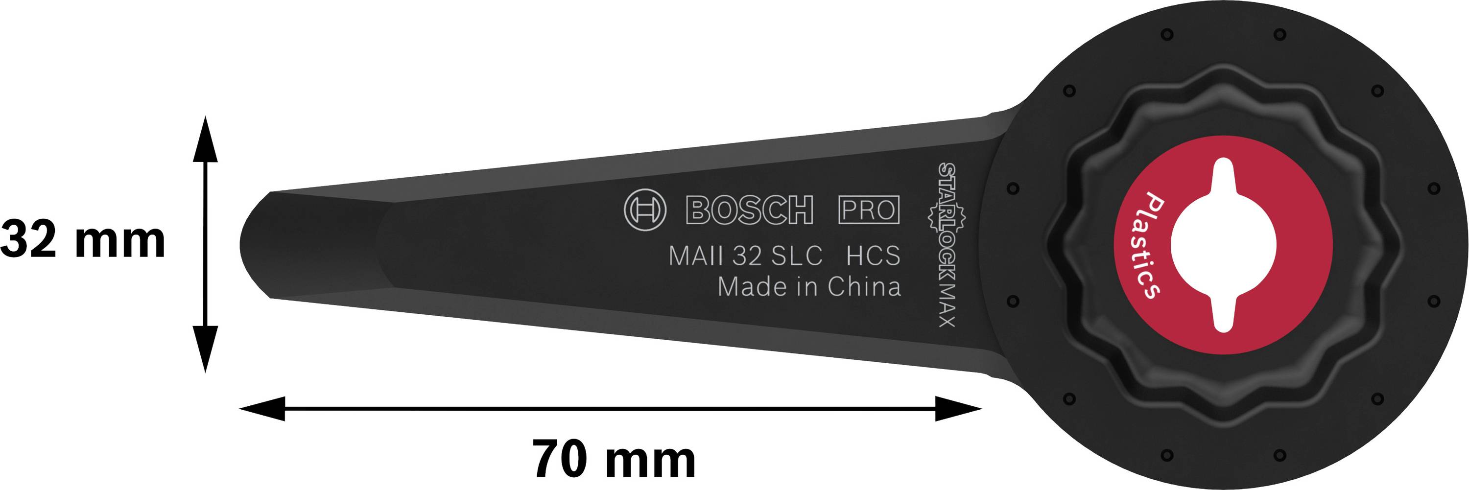 Oszillierendes Bosch Starlock Sägeblatt, 32 mm Breite und 70 mm Länge. Aufdruck: 'Bosch Pro', 'MAII 32 SLC', 'Plastics'.