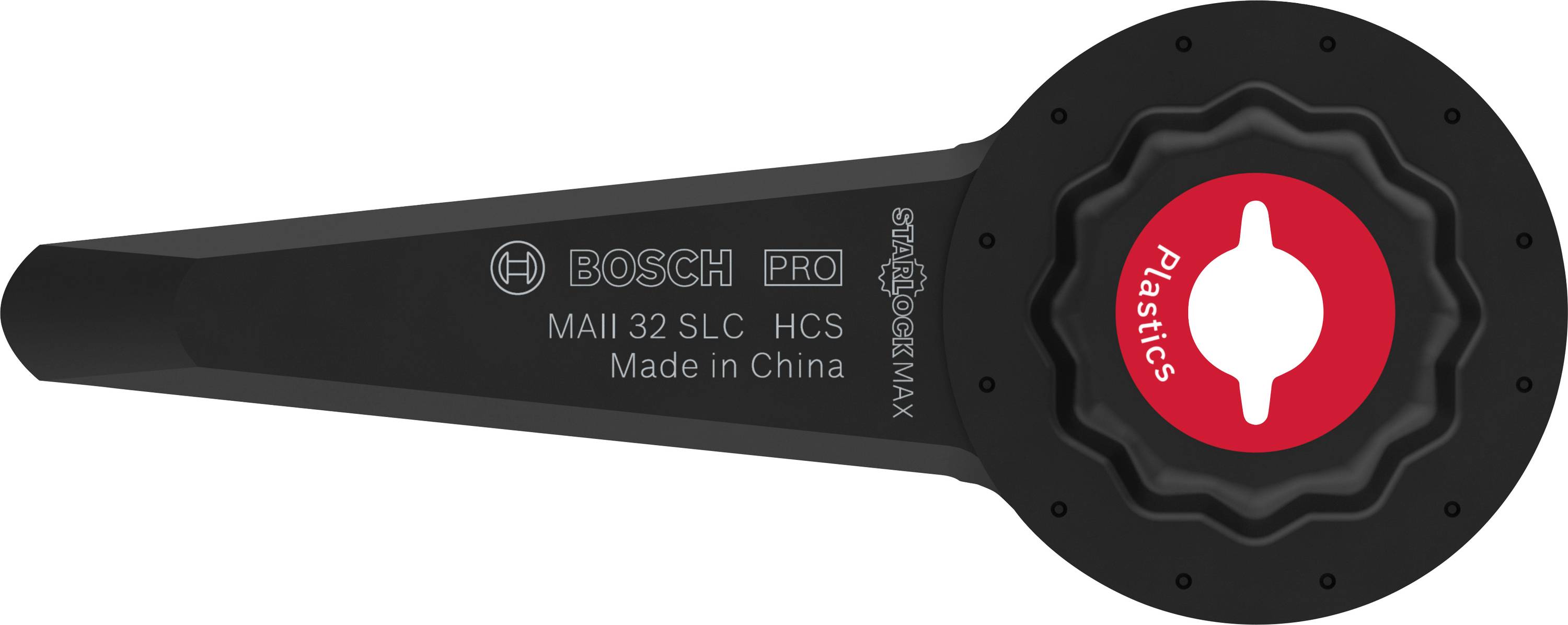 Oszillierendes Sägeblatt von BOSCH für Kunststoff, Modell MAII 32 SLC, schwarz mit roter Markierung, hergestellt in China.