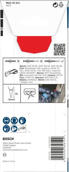 Verpackung eines Bosch Starlock-Multitoolsägeblatts. Zeigt technische Details, Kompatibilität mit Starlock-Systemen und Barcode.