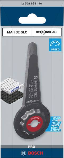 'Bosch MAII 32 SLC StarlockMax Sägeblatt für Kunststoff.' Verpackung mit Bild des Sägeblatts. Geeignet für diverse Maschinenmarken.
