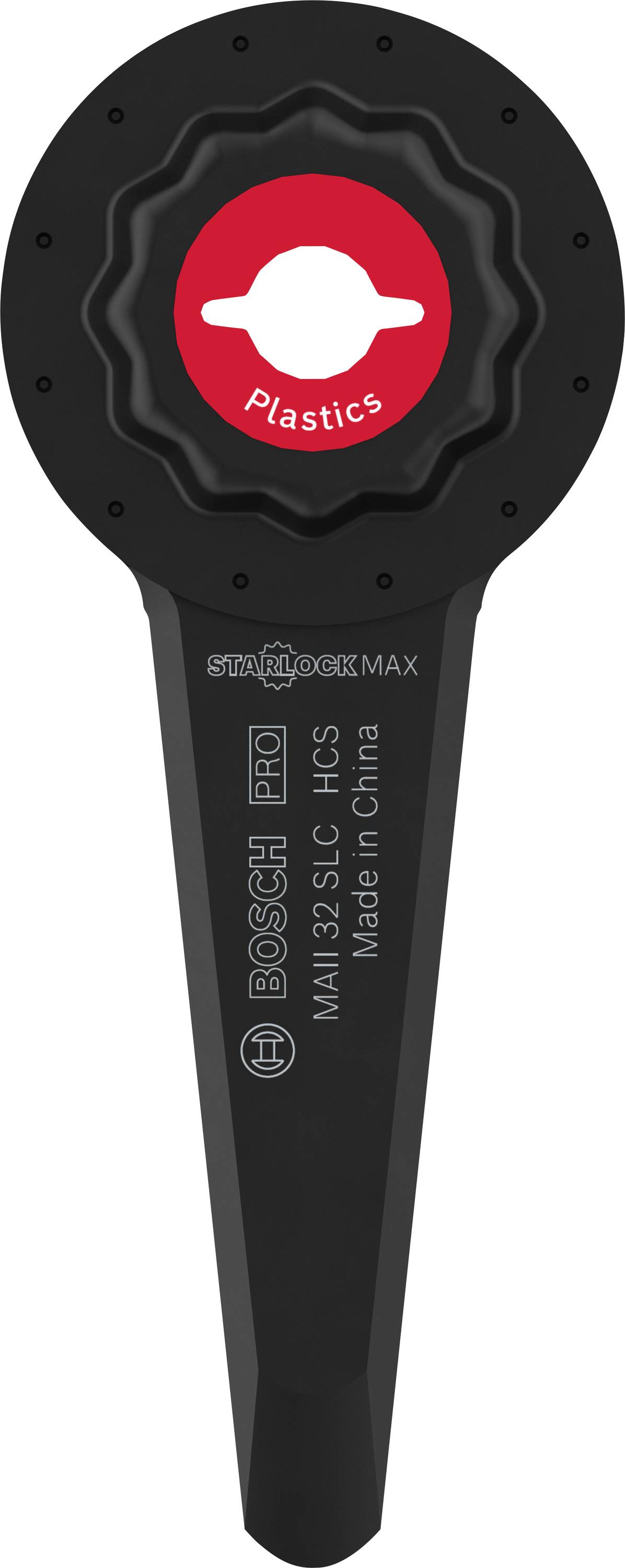 Schwarzes Bosch Sägeblatt 'StarlockMax' für Kunststoffe, mit rotem Ring und Beschriftungen. Hergestellt in China.