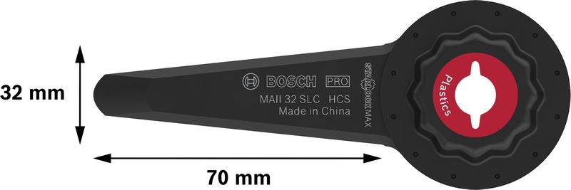 Schwarz-rotes Bosch PRO Feinschnittsägeblatt, 70 mm lang, 32 mm breit, geeignet für Kunststoffe. Markierungen: 'MAII 32 SLC HCS'.