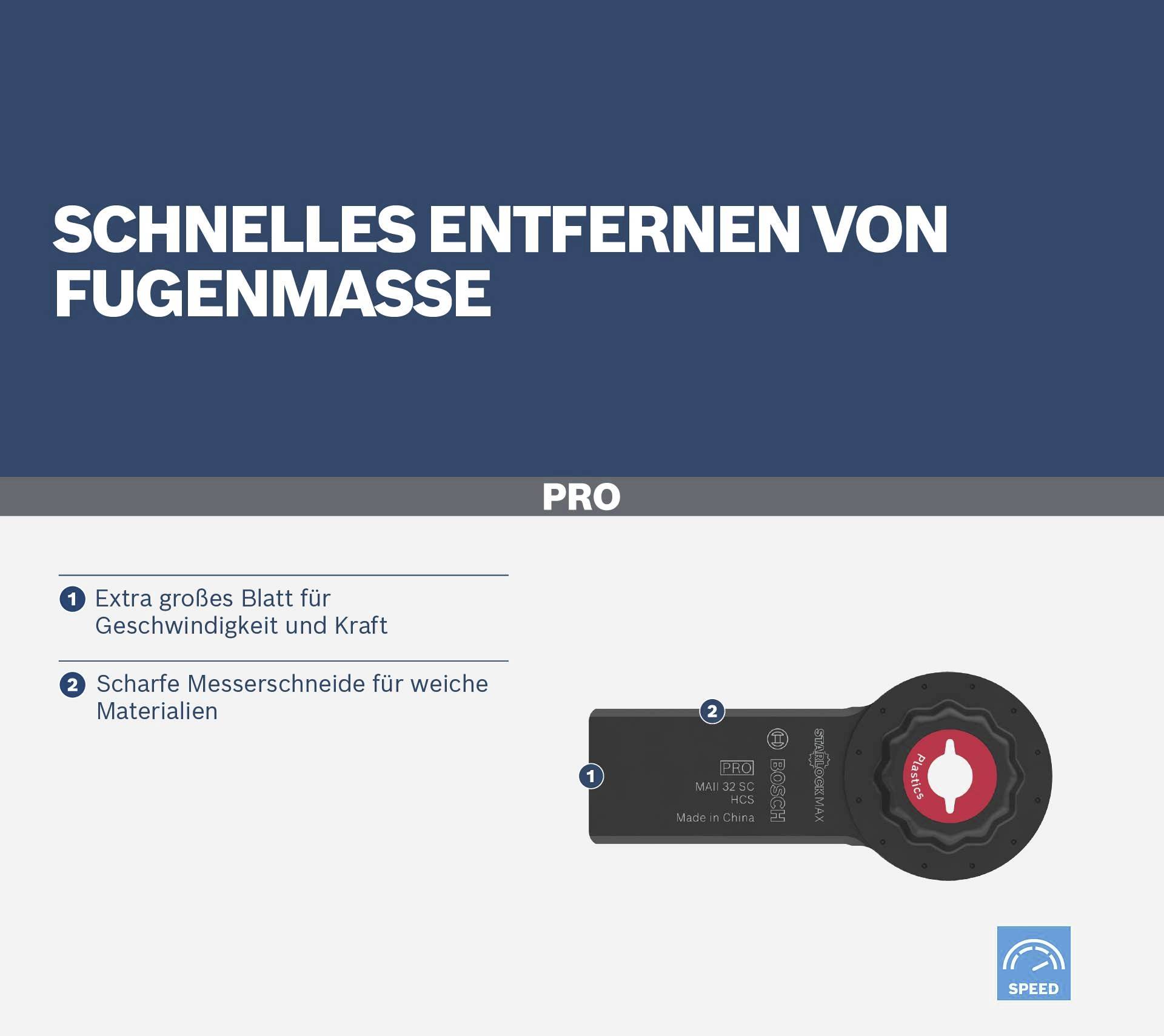 'PRO'-Werkzeug; entfernt Fugenmasse schnell. Extra großes Blatt für Geschwindigkeit und Kraft, scharfe Messerschneide für weiche Materialien.