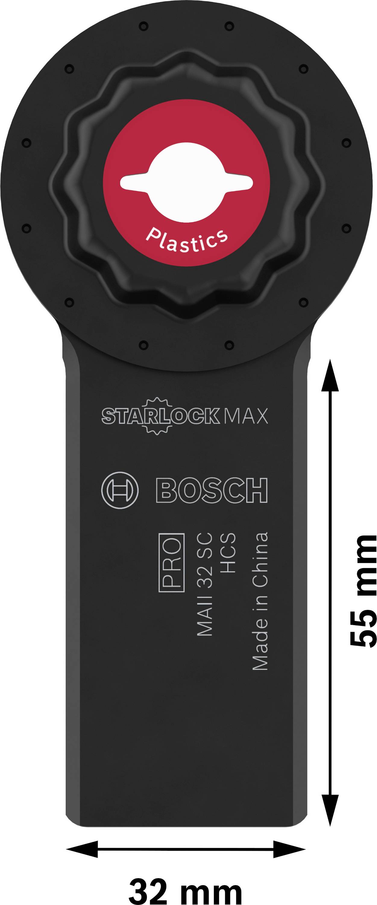 Multitool-Sägeblatt mit rotem Starlock-Fixierungselement, geeignet für Kunststoffbearbeitung. Produkttext: 'Bosch, Pro, HCS'.