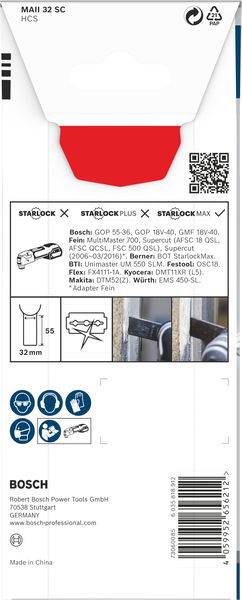 Verpackung eines Bosch-Multiwerkzeugblattes, Modell MAII 32 SC, zeigt Einsatzgebiete und kompatible Geräte. Enthält technische Symbole.