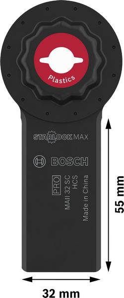 Ein schwarzes Bosch Starlock Max Sägeblatt mit rotem Kreis, markiert mit 'Plastics'. Abmessungen: 55 mm x 32 mm.