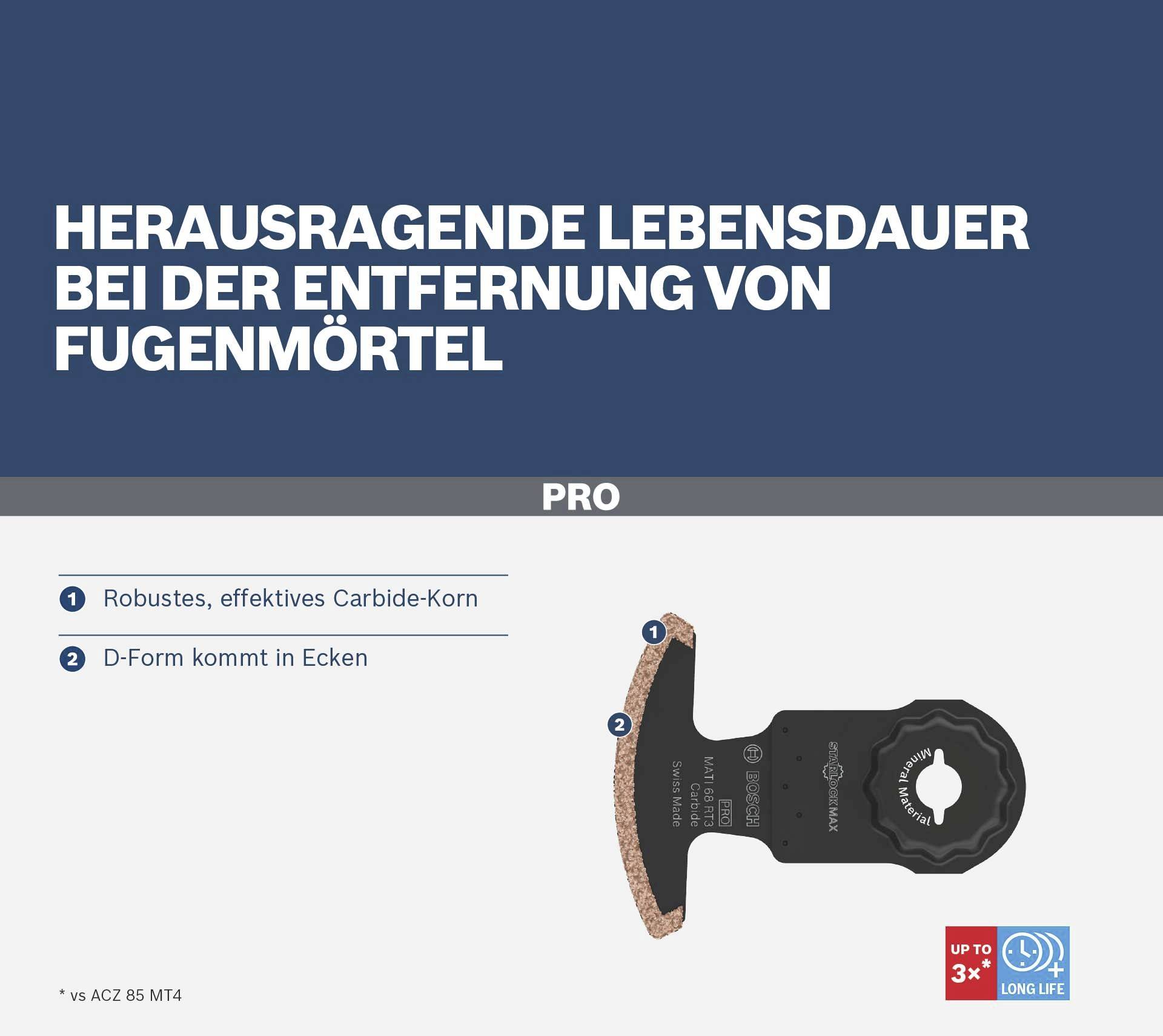 Hervorragende Lebensdauer bei der Entfernung von Fugenmörtel. Robustes, effektives Carbide-Korn. D-Form kommt in Ecken.
