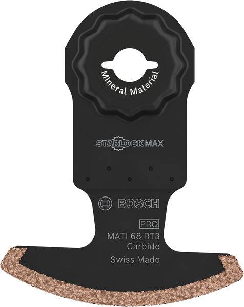 Schwarzes oszillierendes Sägeblatt mit kupferfarbenen Details. Markenname und Spezifikationen auf der Vorderseite des Blattes.