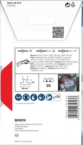 Bosch MultiTool-Zubehör: Starlock-Metalltrennscheibe MATI 68 RT3. Geeignet für Fein, Milwaukee; 68 mm, Ø 30, Karbid.