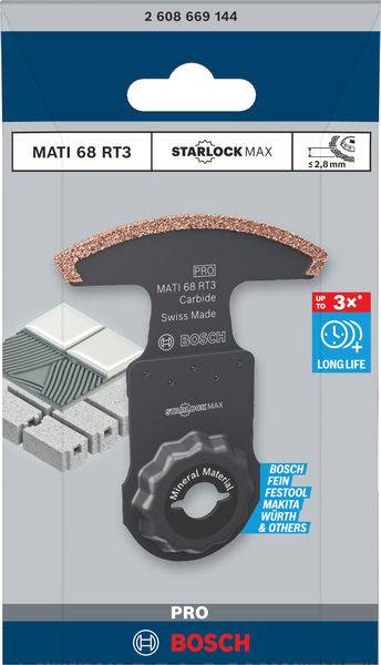 Verpackung einer 'Bosch MATI 68 RT3' StarlockMax-Sägeklinge. Geeignet für verschiedene Materialien, langlebig, Schweiz hergestellt.