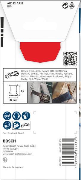 Verpackung eines Sägeblatts der Marke Bosch, geeignet für verschiedene Maschinen. QR-Code oben rechts, Produktbeschreibung und Illustration in der Mitte, Herstellerangaben unten.