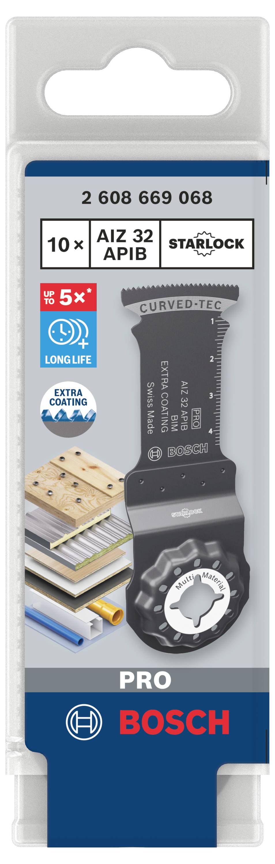 'Bosch Starlock Sägeblatt AIZ 32 APB' in blau-weißer Verpackung, zeigt Anwendungen wie Holz, Metall und Laminat, für professionelle Nutzung.