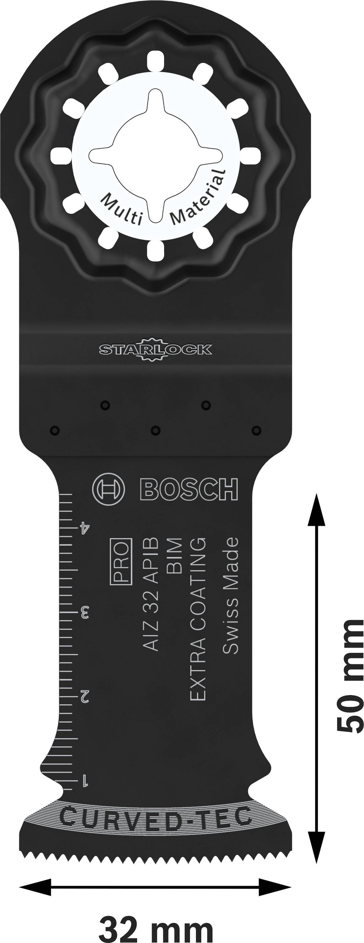 Sägeblatt mit Aufschrift: PRO, Bosch, 32x50 mm, für Multi-Material, Swiss Made, Starlock-Kompatibilität, cm-Skala auf der Seite.