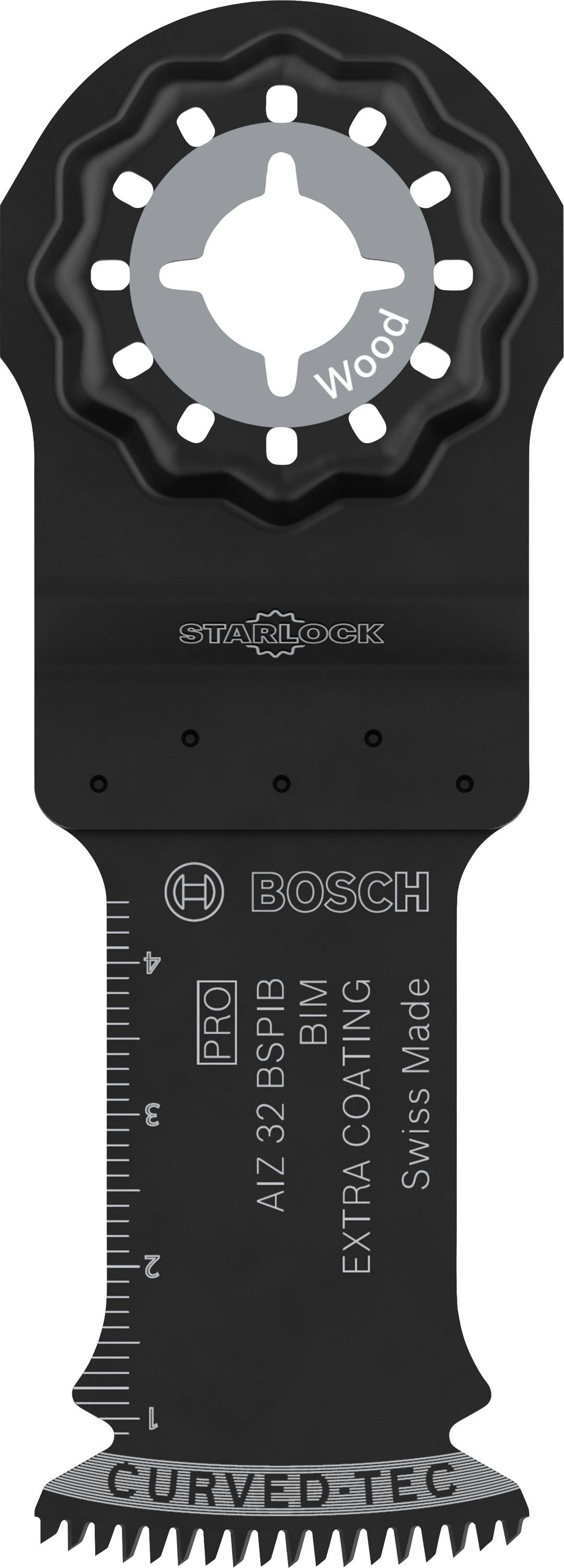 Bosch Sägeblatt für Holz, Starlock-Befestigung, mit Zentimeter-Skalierung und der Aufschrift 'EXTRA COATING' und 'CURVED-TEC'.