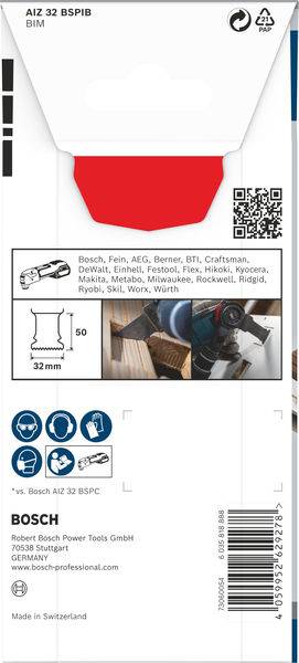 Verpackung eines Oszillationssägeblatts, passend für Bosch und andere Marken. Abgebildet: Einsatz am Holz und technische Spezifikationen.