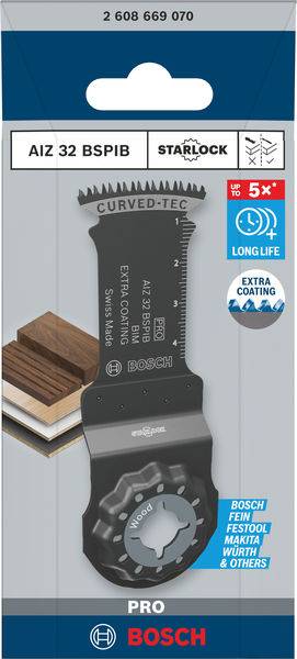 Verpackung eines Bosch Starlock Sägeblatts mit Curved-Tec-Technologie, geeignet für Holz und Metall. Zeigt Holzschichten und Produktdetails.
