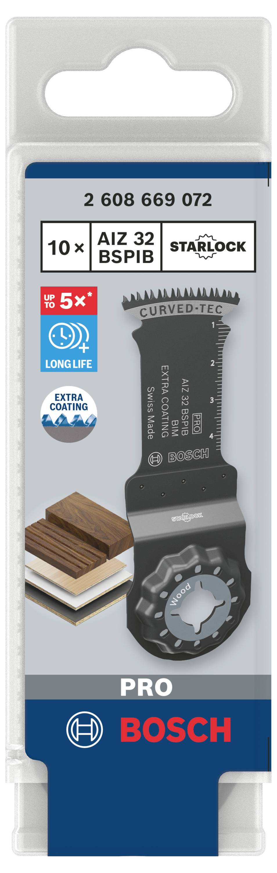 Verpackung eines Bosch Starlock Sägeblatts, Typ AIZ 32 BSPB, geeignet für Holz und Metall, mit 'Long Life' und 'Cut Extra Clean' Symbolen.