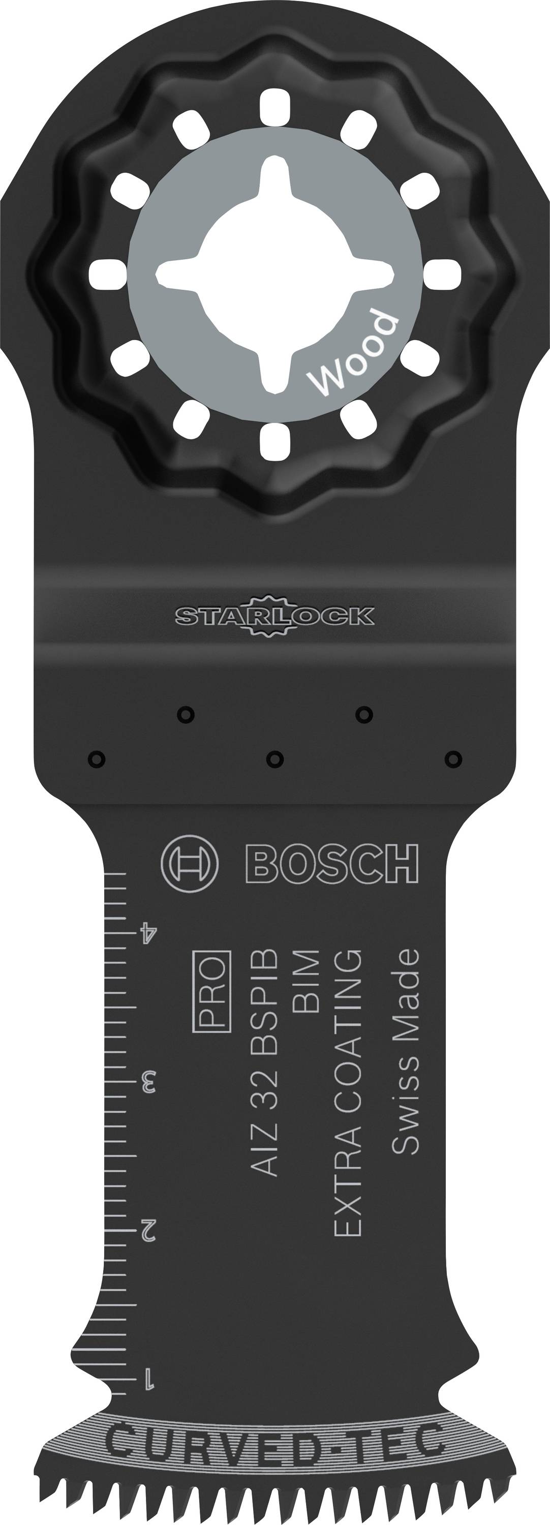 Schwarz-graues Sägeblatt mit der Aufschrift 'Wood' oben. Marke Bosch. Maßeinheitsskala an der Kante. Geeignet für Holzarbeiten.