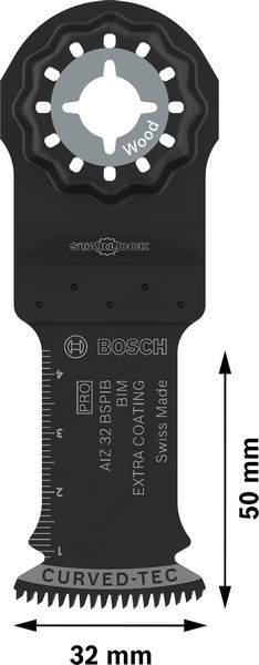 Multi-Tool-Sägeblatt von Bosch, geeignet für Holz. Abmessungen: 32 mm Breite, 50 mm Länge. Swiss Made, schwarze Farbe.