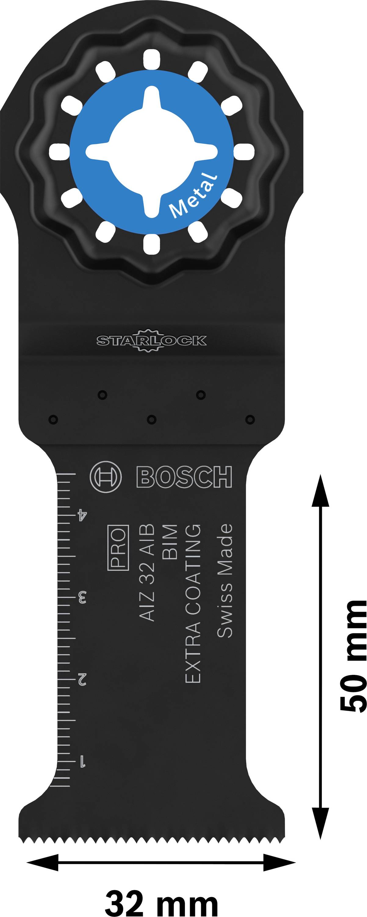 Sägeblatt für oszillierendes Werkzeug; geeignet für Metallbearbeitung, schwarz, 32 mm Breite, 50 mm Länge, Markenname und Maße sichtbar.