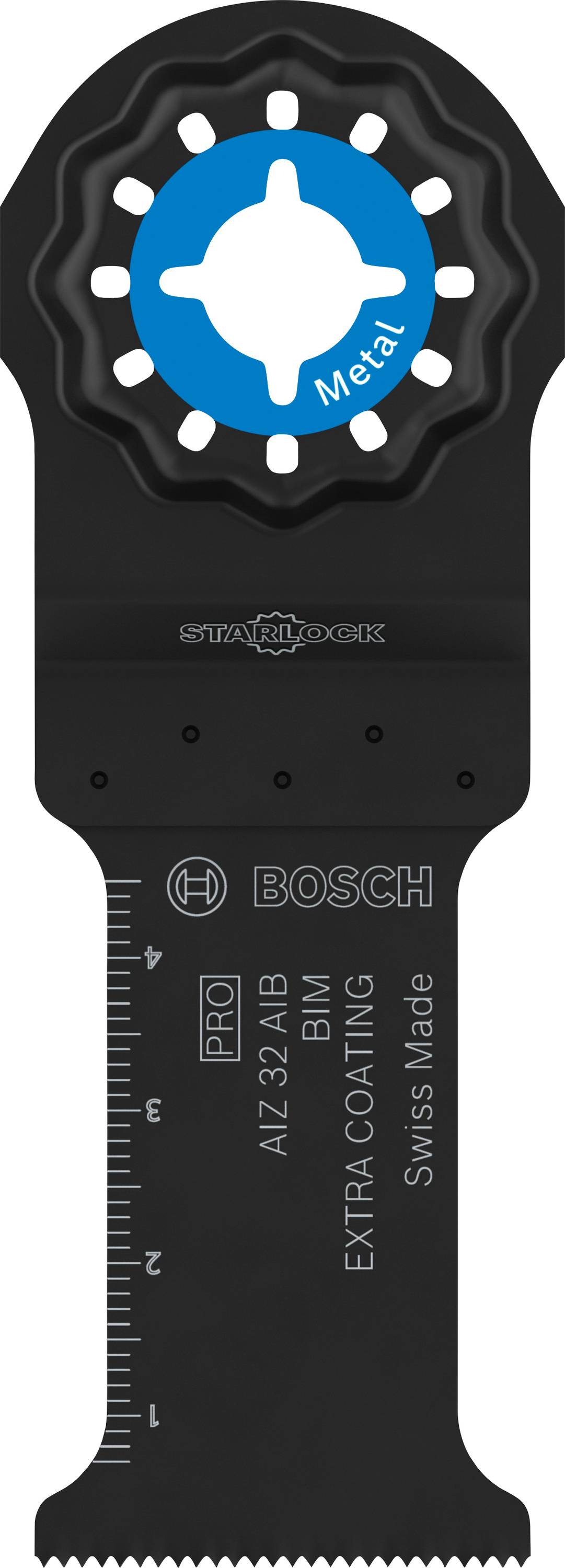 Schwarz-blaue Bosch Starlock Sägeblatt für Metall, Aufschrift 'EXTRA COATING', mit Zollskala an der Kante, für präzise Schnitte.