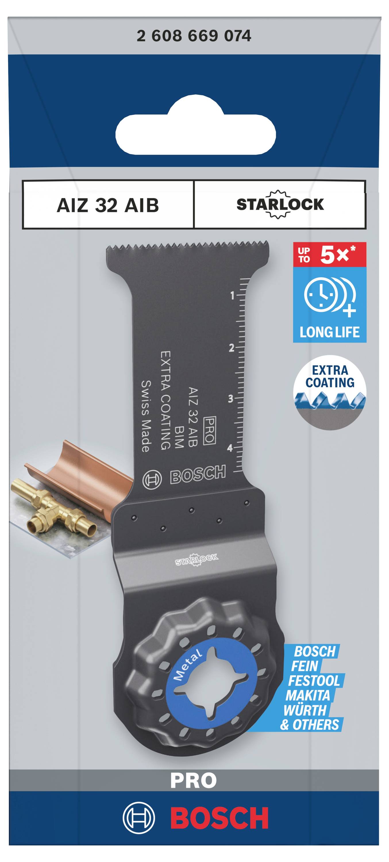 Eine Bosch Starlock Sägeblatt-Verpackung, die das Modell AIZ 32 AIB zeigt. Geeignet für Holz, Metall und Kunststoffbearbeitung.