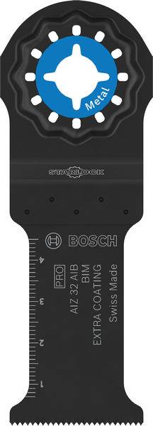 'Bosch Starlock' Sägeblatt für oszillierende Werkzeuge, schwarz mit blauer Befestigung. Zeigt Zentimeter- und Zoll-Markierungen.