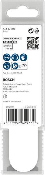 'Bosch Expert' Sägeblatt-Verpackung mit QR-Code, Produktinformationen und Barcode. Markenlogo und Details zur Herstellung in der Schweiz.