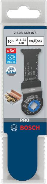 Verpackung eines Bosch Pro Starlock-Sägeblatts, geeignet für Holz und Metall, mit der Aufschrift 'AIZ 32 AIB 10x'.