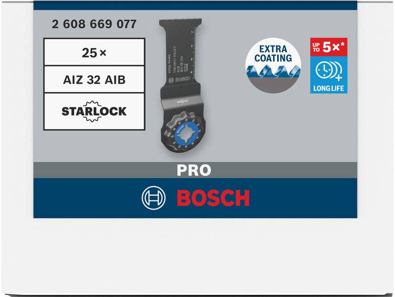 'Bosch Pro Starlock Sägeblatt' mit '25×, AIZ 32 AIB' auf der Verpackung. 'Extra Coating' und 'bis zu 5× längere Lebensdauer' hervorgehoben.