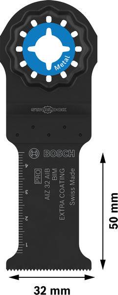 Schwarz-blaues Bosch Sägeblatt 'AIZ 32 AB', Stahlscheibe mit breitem Sägeblatt, Maße: 50 mm Länge, 32 mm Breite.