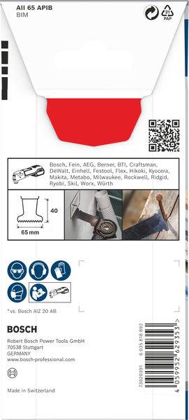 Bosch Klinge 65 mm für Multifunktionswerkzeuge, kompatibel mit zahlreichen Marken. QR-Code für weitere Infos. Made in Switzerland.