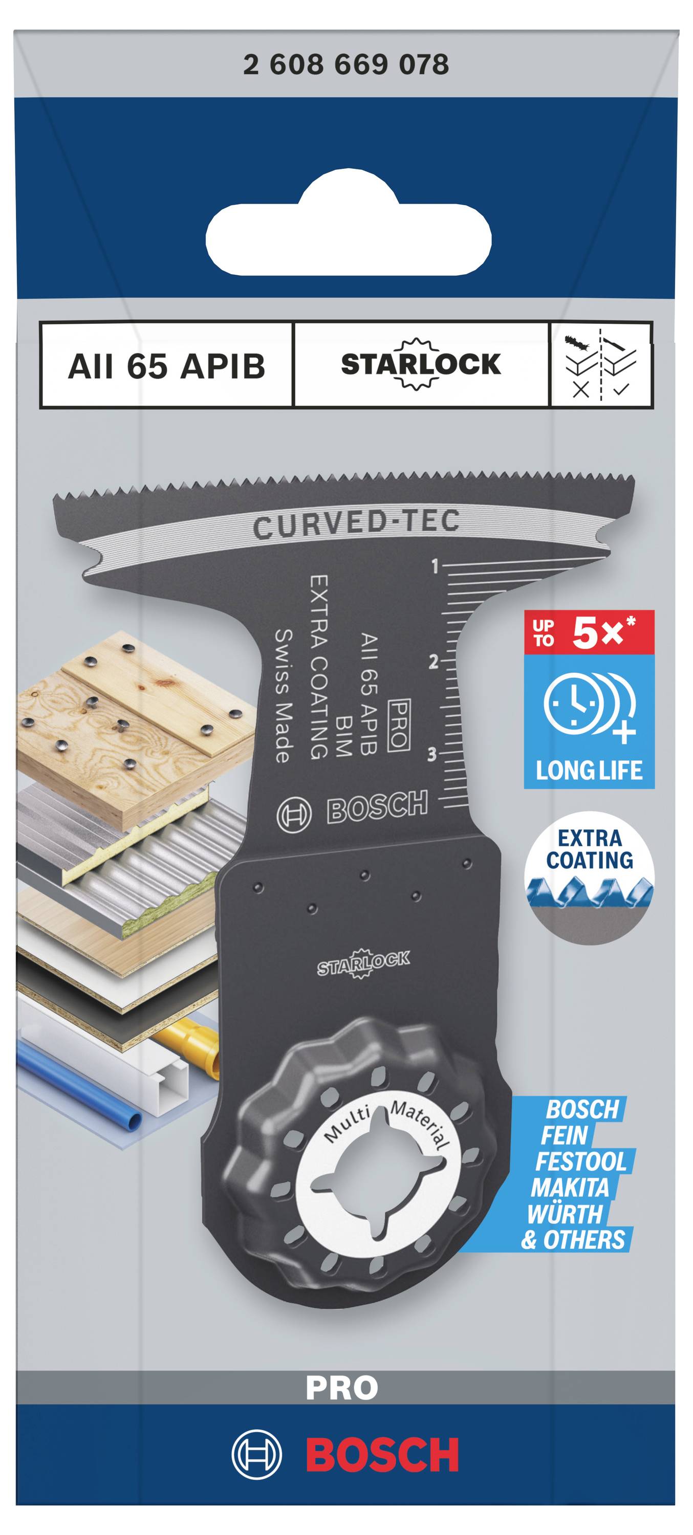 Sägeblatt für verschiedene Materialien mit 'Curved-Tec' und 'Starlock' Technologie, kompatibel mit Bosch, Fein, Festool, Makita und Würth.