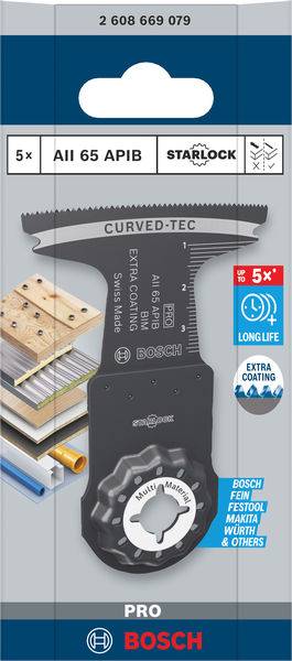 Verpackung einer Bosch Sägeklinge 'AII 65 APB' für Multitools, kompatibel mit Bosch, Fein und anderen. Für Holz und Metall geeignet.